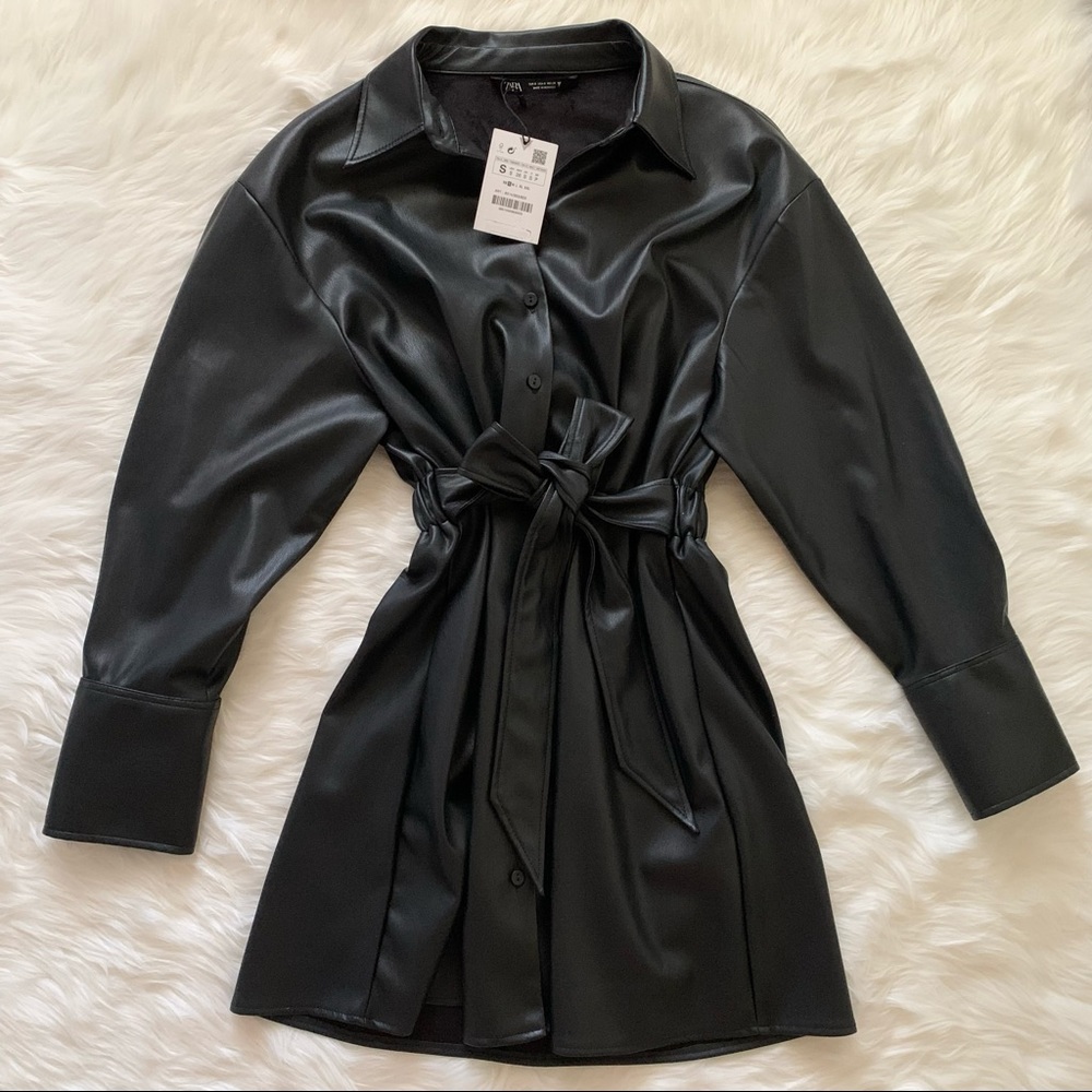 Zara Black Faux Leather Belted Dress